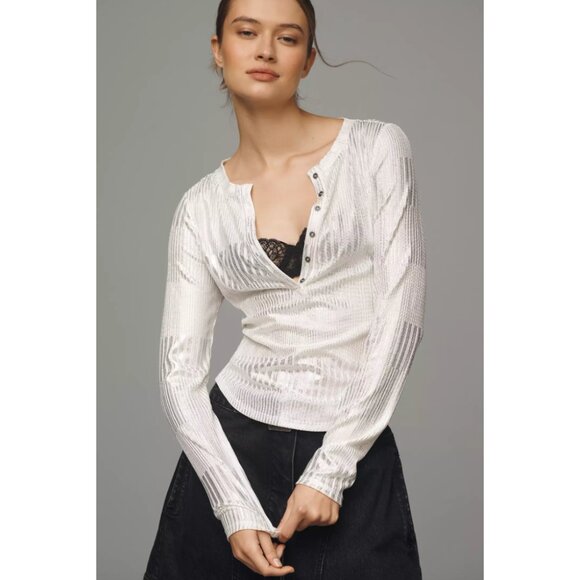 Anthropologie Tops - Anthropologie Pilcro The Andie Ribbed Henley Top Shimmer Edition L